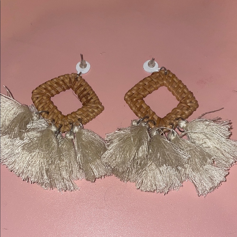 Bohemian Tan and Cream Tassel Earrings Hand Crafted